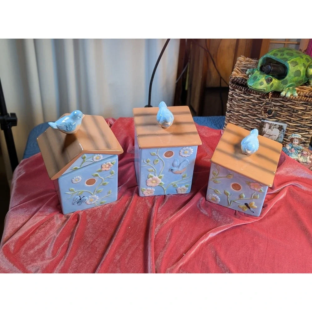 Ceramic Birdhouse Canister Set 3 Piece Bluebird & Floral Nesting Kitchen Jars
